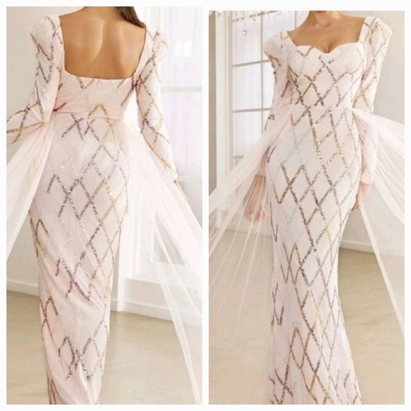 Baby Pink, Contrast Sequined,  Draped, Sweetheart Neck, Mermaid Maxi Gown - Picture 1 of 11